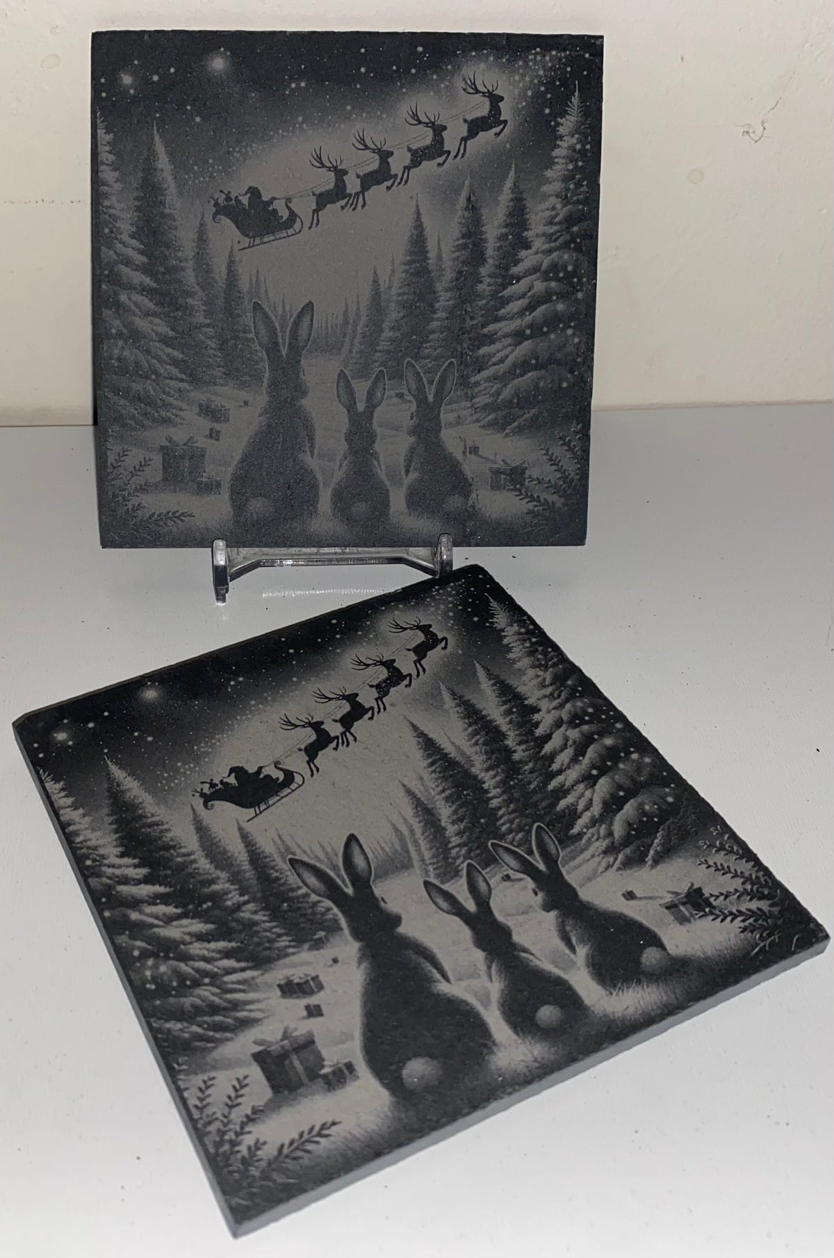 Sous verre famille lapins père noël